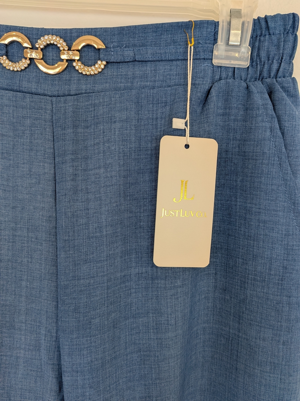 Women’s Blue Wide Leg Palazzo Pants L Fits M Lightweight Gold Rhinestone NWT - Picture 14 of 14